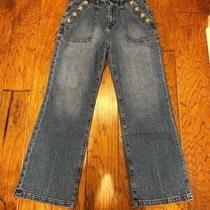 LOFT Dark Blue Flare Jeans with Front Button Accents